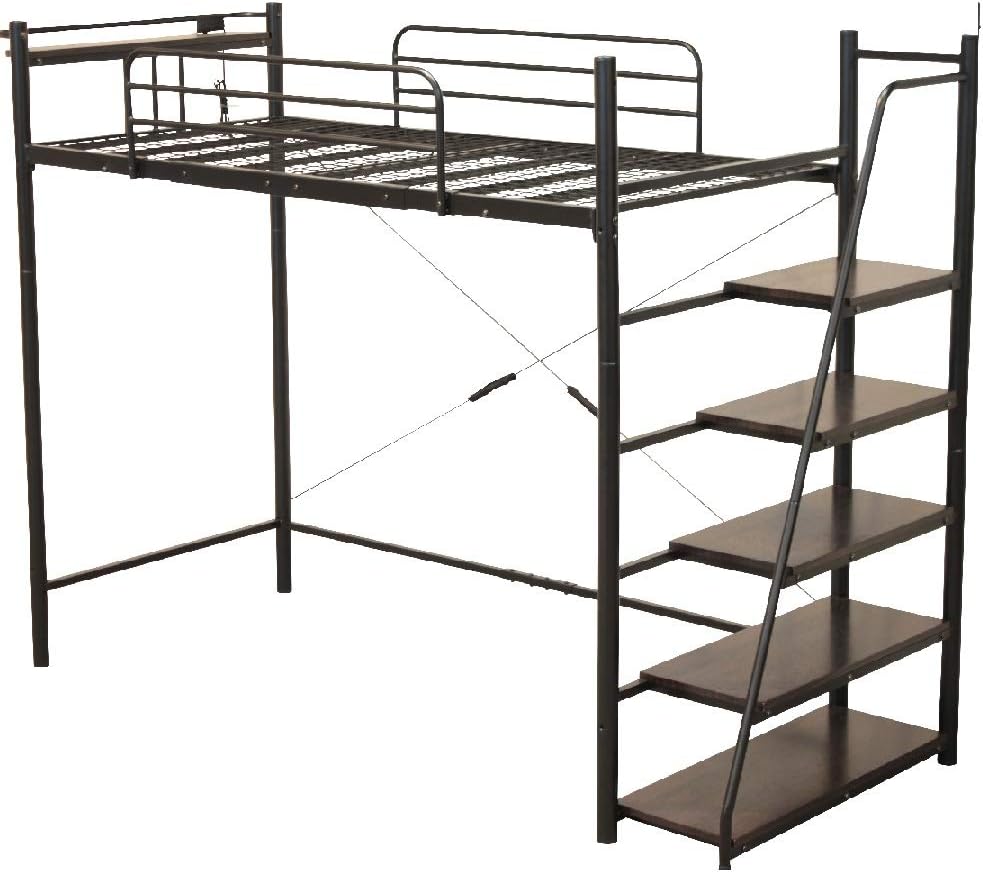 シングルベッドにも分割できる 階段書棚付きロフトベッド ハンガーバー付（大商産業）